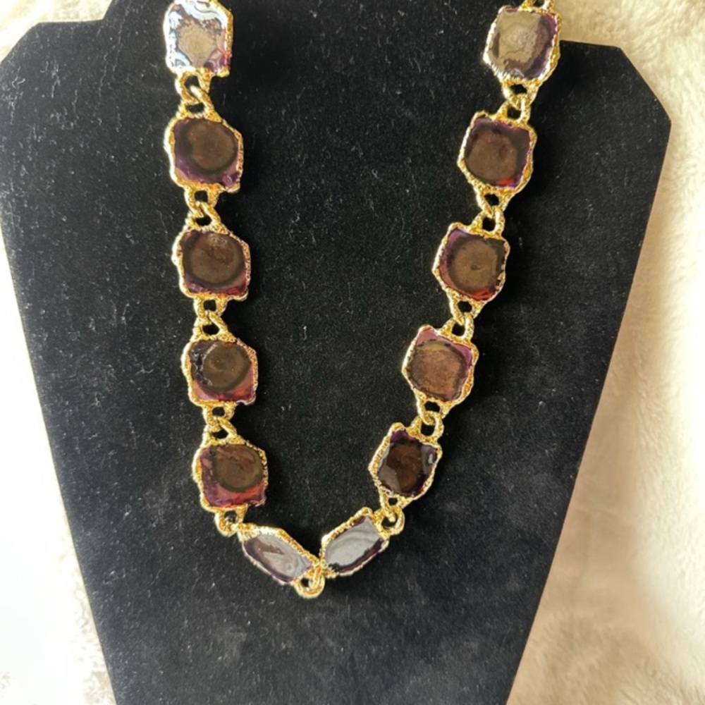 Gold-Trim Purple Agate Slice Statement Necklace